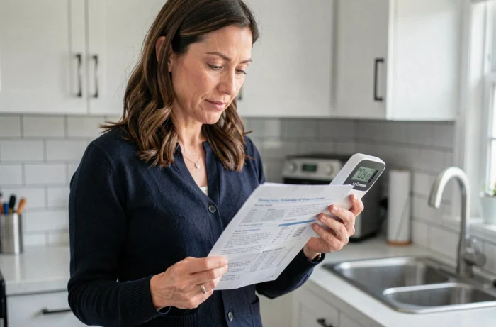 Femme consultant le manuel d'utilisation pour réinitialiser sa station météo La Crosse Technology dans une cuisine