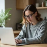 Femme sceptique regardant une plateforme d'achat en ligne sur son ordinateur portable dans une cuisine moderne