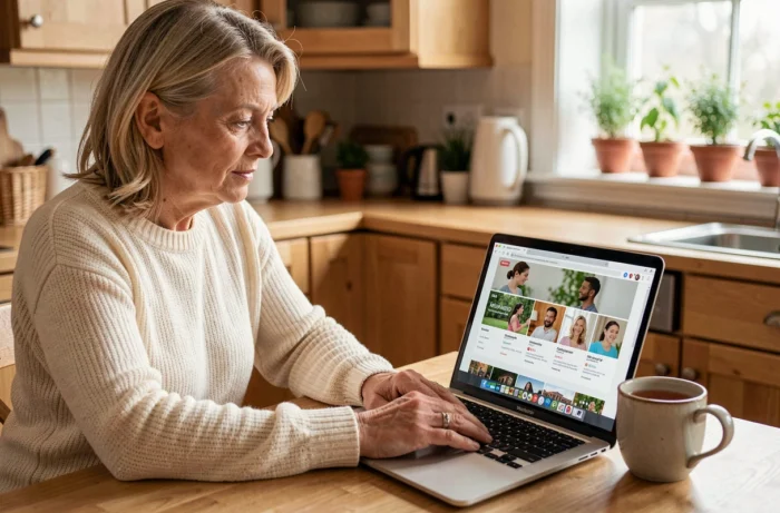 Femme consultant le site web d'une chaîne santé bien-être sur son ordinateur à la maison