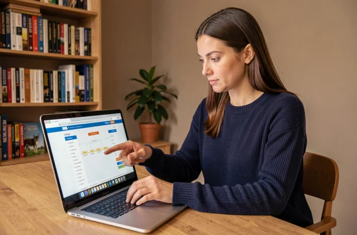 Femme utilisant un sitemap sur un site dédié aux animaux depuis son bureau à domicile