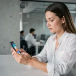 Femme utilisant un smartphone pliable dans un bureau technologique moderne, illustrant les dernières tendances tech de l'année