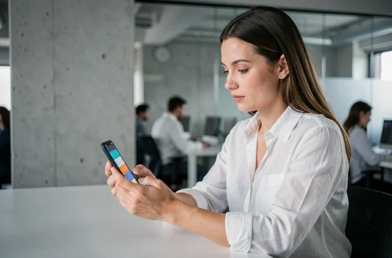 Femme utilisant un smartphone pliable dans un bureau technologique moderne, illustrant les dernières tendances tech de l'année