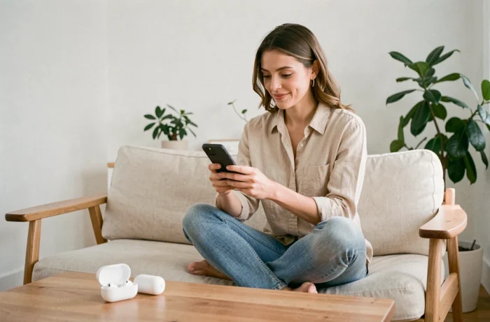 Femme tenant un smartphone pliable dernier cri dans un salon minimaliste tendance