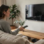 Femme utilisant une télécommande Samsung pour configurer Netflix sur sa télévision dans un salon moderne