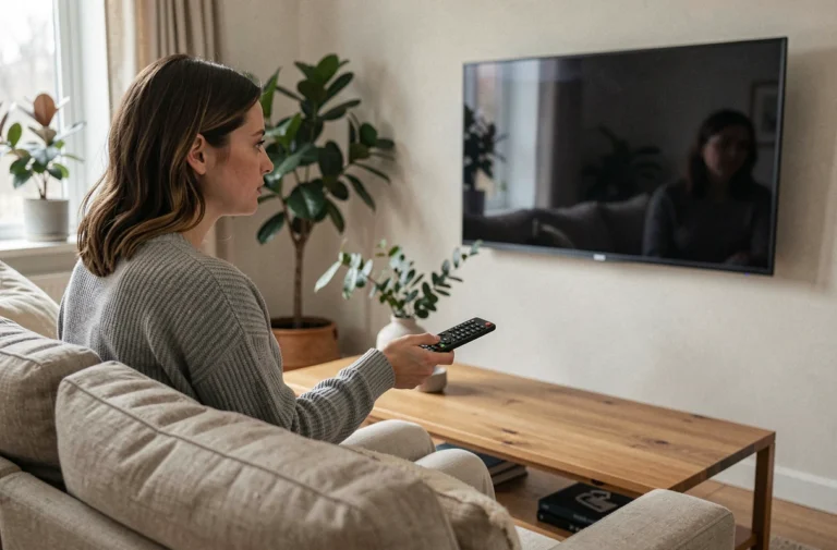 Femme utilisant une télécommande Samsung pour configurer Netflix sur sa télévision dans un salon moderne