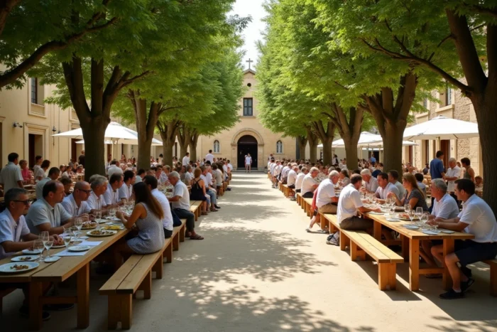 Fête locale provençale à Fuveau avec habitants réunis sous les platanes autour de tables dressées en plein air