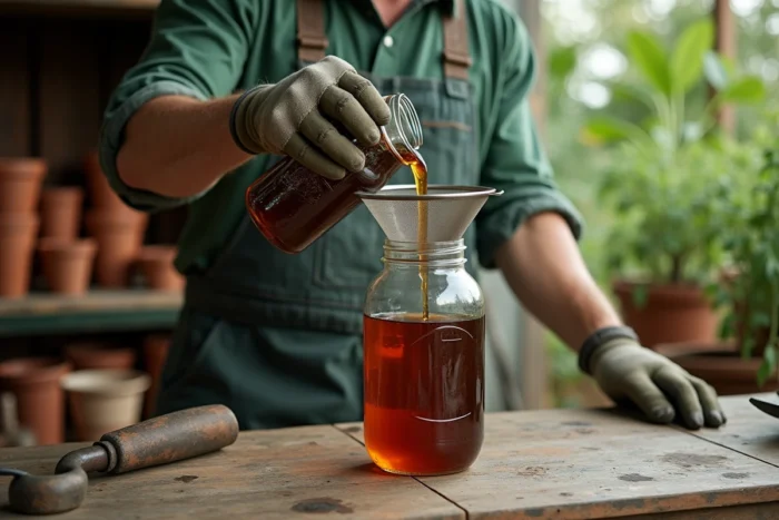 Filtration du purin d'ail maison dans un pulvérisateur de jardin prêt à être utilisé contre les insectes