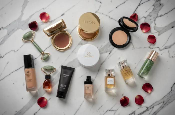 Vue de dessus d'une sélection de produits de beauté et cosmétiques de luxe disposés sur du marbre blanc