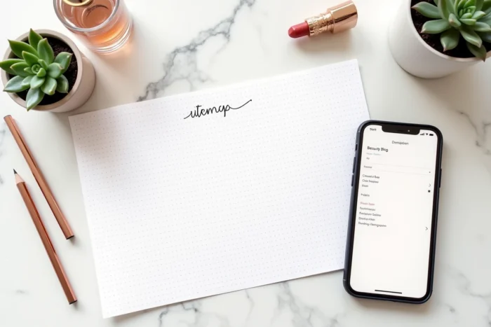 Flat-lay d'un sitemap dessiné à la main entouré d'accessoires beauté sur un bureau en marbre blanc