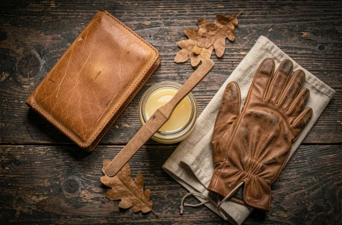 Vue de dessus d'un arrangement éditorial avec accessoires en cuir, fiel de bœuf en pot et chiffon sur une table en chêne vieilli