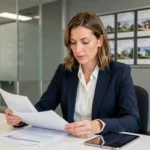 Professionnelle de l'immobilier étudiant les obligations de la formation loi Alur dans une agence moderne
