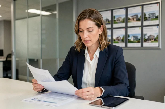 Professionnelle de l'immobilier étudiant les obligations de la formation loi Alur dans une agence moderne