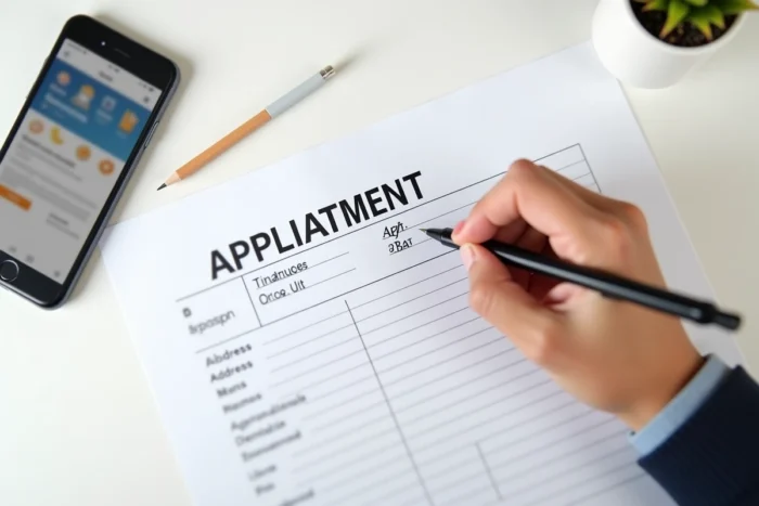 Gros plan d'un formulaire de location d'appartement avec des abréviations d'adresse manuscrites et un smartphone