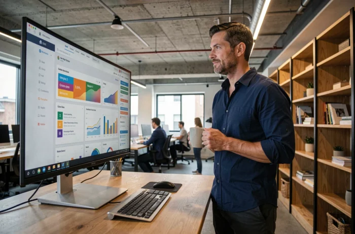 Homme analysant les statistiques de son site web sur un grand écran dans un espace de coworking