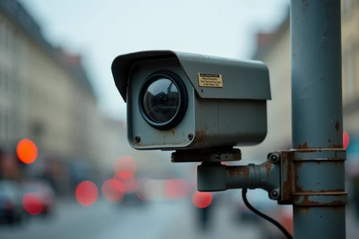 Gros plan sur le boîtier d'une caméra de surveillance fixée sur un poteau de feu rouge en France