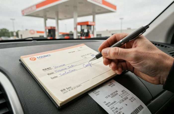 Gros plan d'un chèque signé pour payer l'essence en station-service