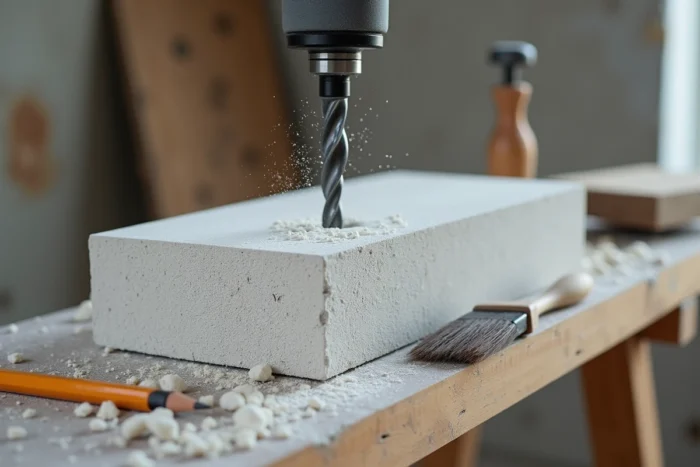 Gros plan d'un foret perçant un bloc de béton cellulaire avec de la poussière blanche visible