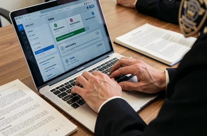 Gros plan sur les mains d'un policier consultant le portail e-campus pour préparer son avancement de grade