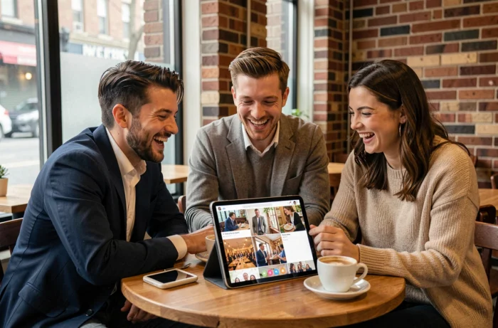 Group of friends consulting a shared online photo album in a café
