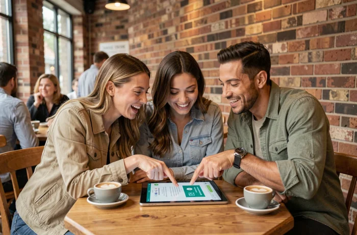 Group of friends consulting an online pot together on a tablet in a café