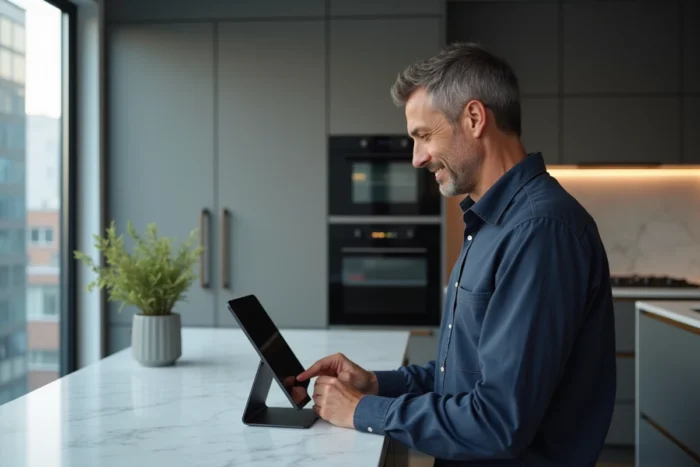 Homme saisissant une adresse d'appartement abrégée sur une tablette dans une cuisine moderne