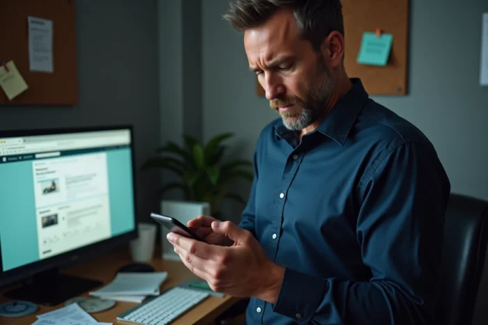 Homme inquiet consultant des avis suspects sur une boutique en ligne depuis son smartphone dans un bureau à domicile