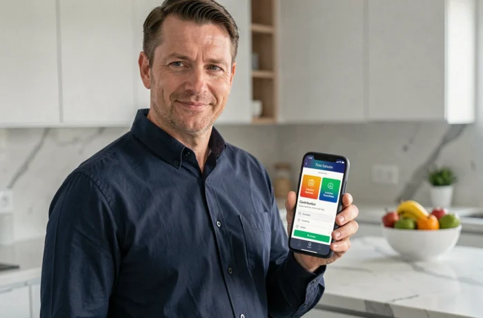 Man using his smartphone to participate in an online pot from his kitchen