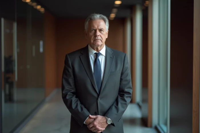 Homme en costume sombre dans un couloir de bureau new-yorkais, atmosphère de recueillement rappelant un hommage télévisé