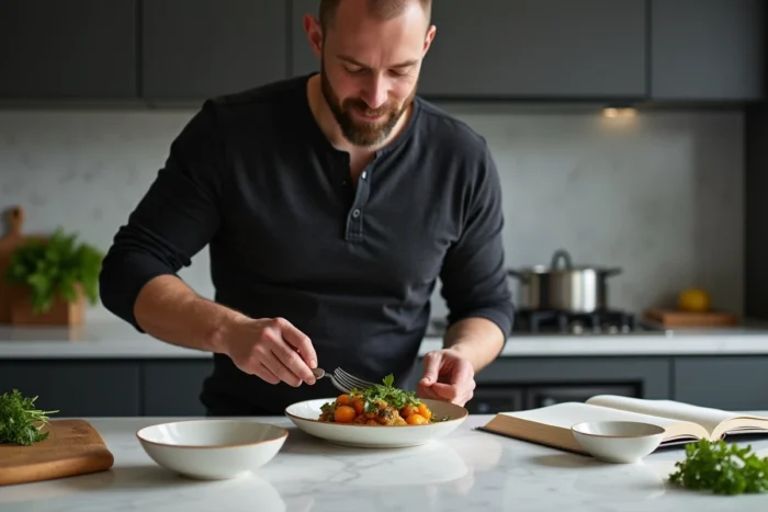 Homme dressant une assiette de légumes rôtis colorés dans une cuisine moderne avec plan de travail en marbre