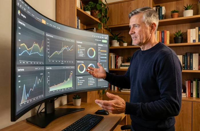 Man analyzing dashboards on a large curved screen in a high-tech home office, symbolizing current technological trends