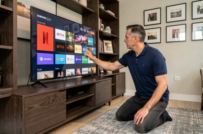 Man configuring the Netflix application on a Samsung Smart TV via the Smart Hub menu