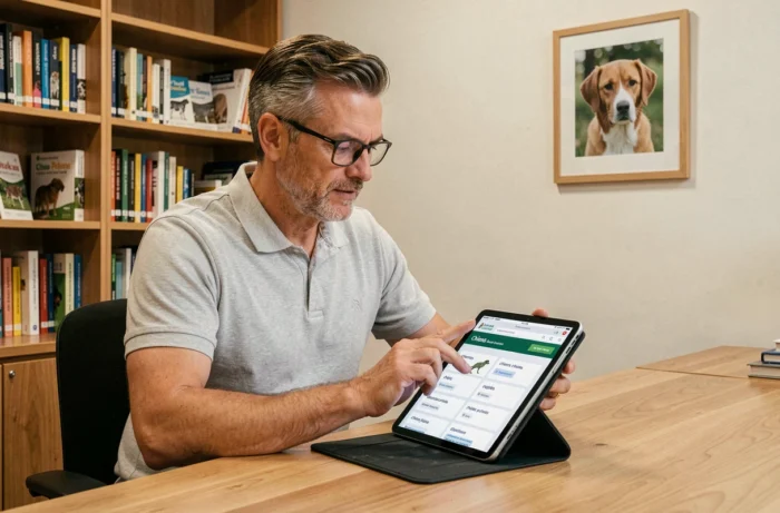 Man navigating the sitemap of an animal website from a tablet in a library