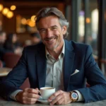 Homme politique élégant en costume bleu marine attablé dans une brasserie parisienne, ambiance intimiste et authentique