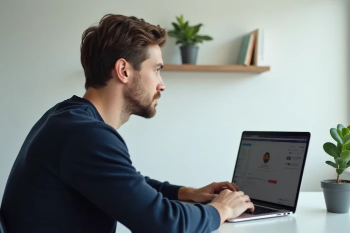 Homme consultant des stories Instagram de manière anonyme depuis son bureau à domicile sur un ordinateur portable