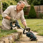 Homme utilisant le rotofil Bosch Art 23 SL pour border une allée de jardin en pierre