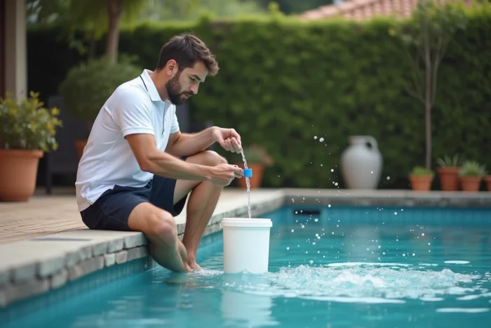 Homme versant une solution de percarbonate de soude dans une piscine extérieure pour ajuster le niveau de pH