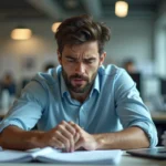 Homme stressé au bureau exprimant un caractère soupe au lait au travail