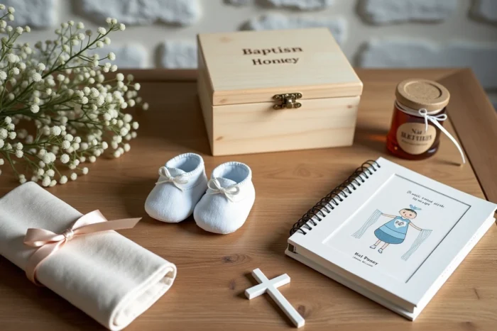 Sélection de cadeaux de baptême originaux sur table en chêne rustique avec coffret gravé, chausson brodé et croix en porcelaine