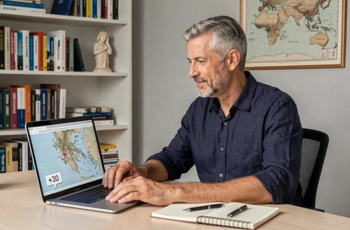 Homme consultant un ordinateur portable avec une carte du monde montrant la Grèce et l'indicatif +30