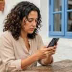 Femme tenant un smartphone affichant l'indicatif téléphonique +30 de la Grèce dans un café d'Athènes
