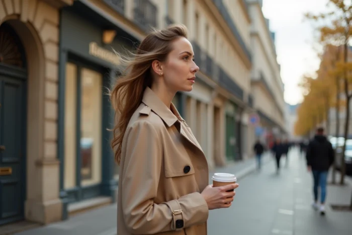 Femme parisienne en trench coat beige dans une rue haussmannienne à Paris, style éditorial automnal