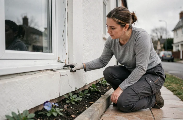 Femme inspectant un joint de mastic fissuré autour d'une fenêtre PVC sur une façade de maison individuelle