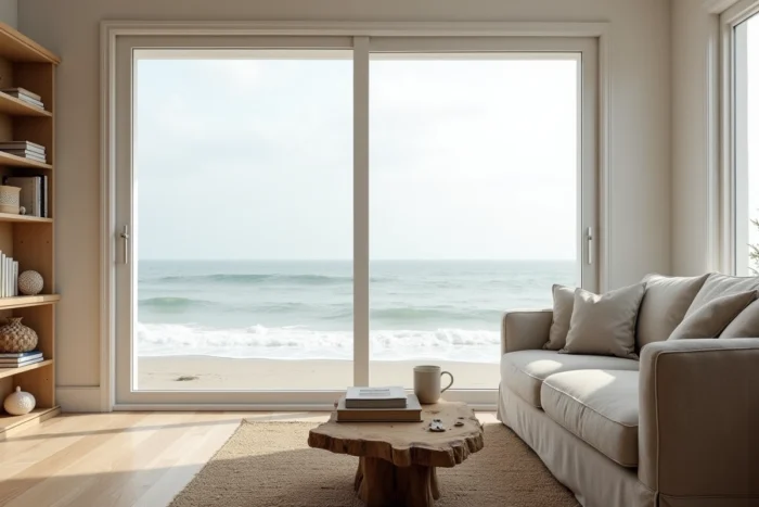 Intérieur authentique d'une maison côtière habitée toute l'année avec vue sur la mer depuis le salon