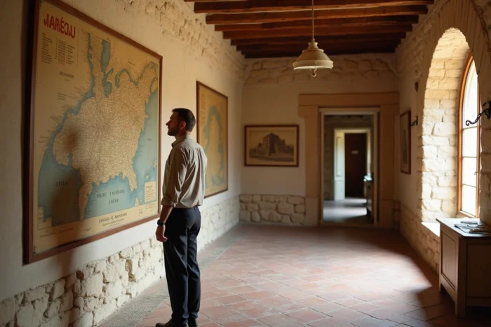 Intérieur patrimonial d'un bâtiment historique à Fuveau avec exposition de cartes anciennes et photographies locales