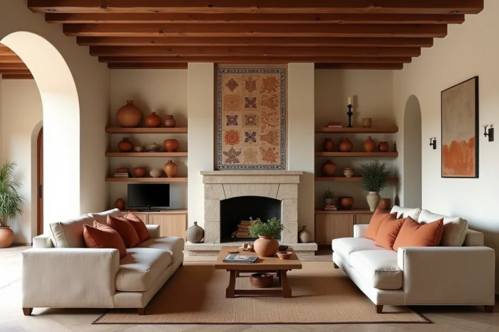 Intérieur élégant d'une quinta portugaise avec poutres en bois, carreaux azulejos et canapés en lin autour d'une cheminée en pierre