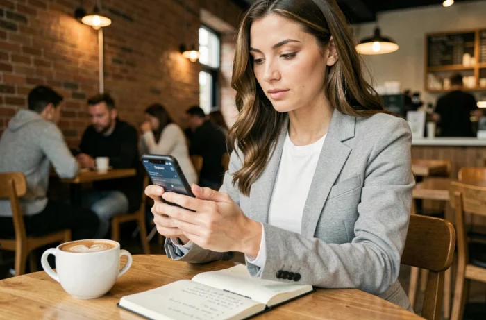 Donna che consulta un'app di investimento in criptovalute sul suo telefono in un caffè urbano