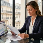 Investisseuse analysant le rendement des SCPI sur son ordinateur dans un bureau parisien moderne