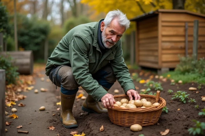 Homme utilisant une fourche de jardin pour récolter des pommes de terre dans un petit potager en automne