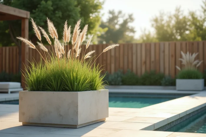 Jardinières hautes remplies de graminées ornementales disposées en périphérie d'une piscine hors sol contemporaine