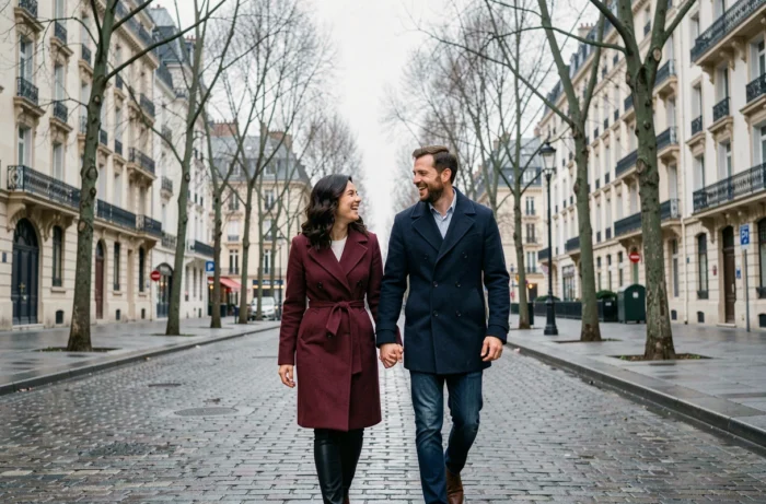 Couple heureux se promenant main dans la main sur un boulevard parisien au printemps 2026